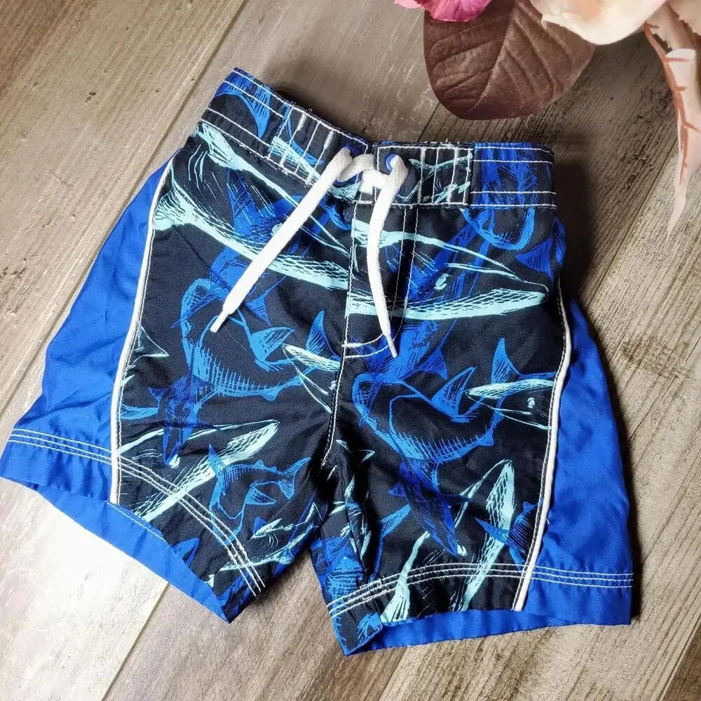 Old Navy Baby Boy Swim Trunks Board Shorts Blue Sharks Size 6-12M